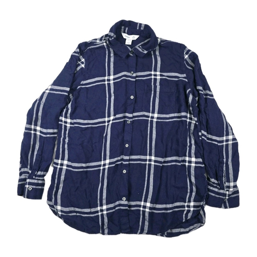 Old Navy The Classic Shirt Navy Blue White Plaid Rayon Button Down Women Large